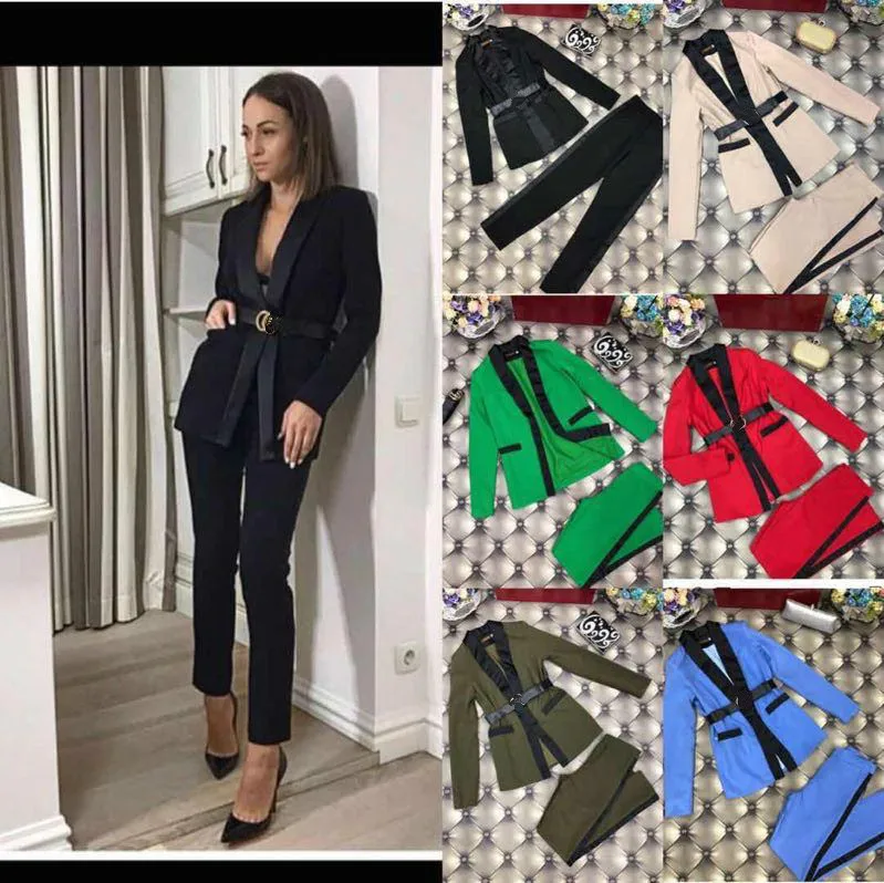 2019 Polyester Full Sashes Spring New Temperament Ol Style Slim Slimming Wild Suit Jacket + Pants Two-piece Women Two Piece Set | Женская