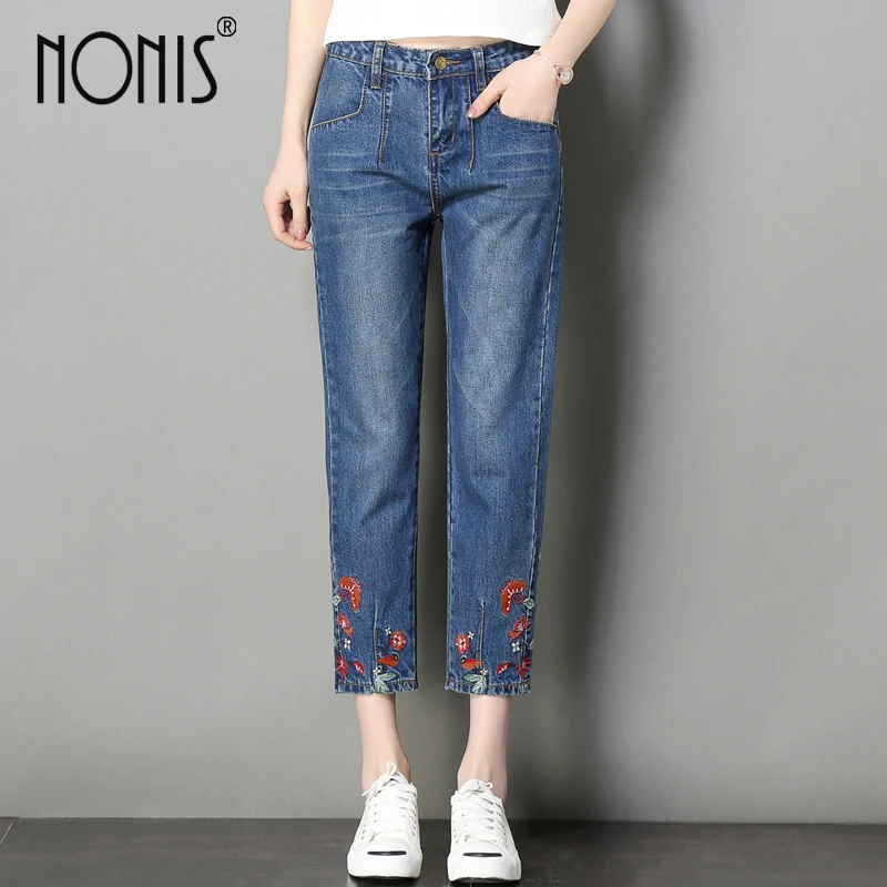 

Nonis Embroideried Jeans wide leg loose pant For Women Plus Size Mid Waist Flower Blue Denim Pants Casual Trousers