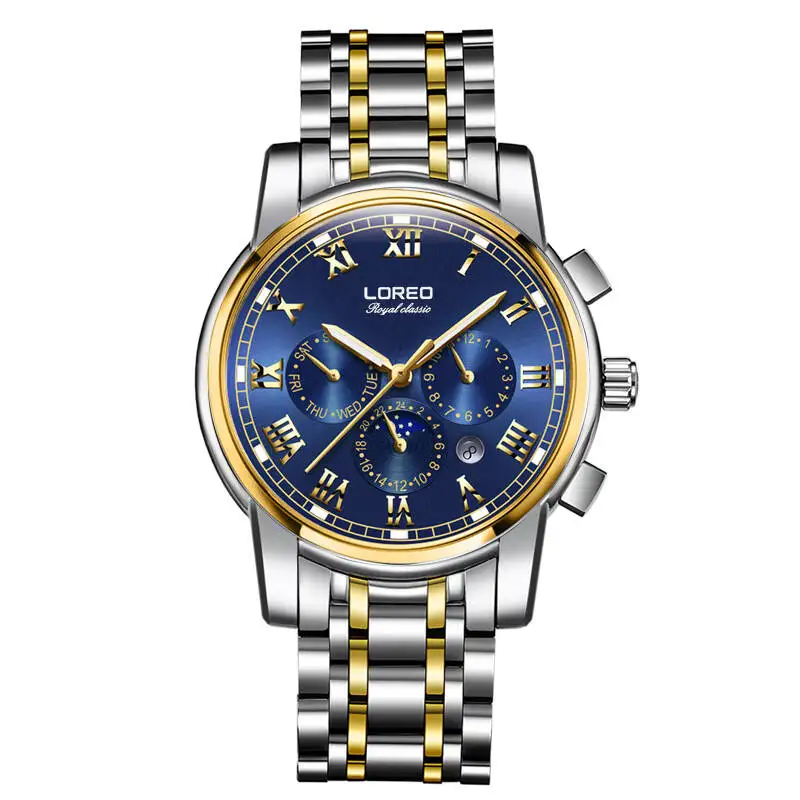 

LOREO 6106 Germany watches men luxury brand automatic self-wind moon Phase sapphire luminous gold stainless steel hollow watch