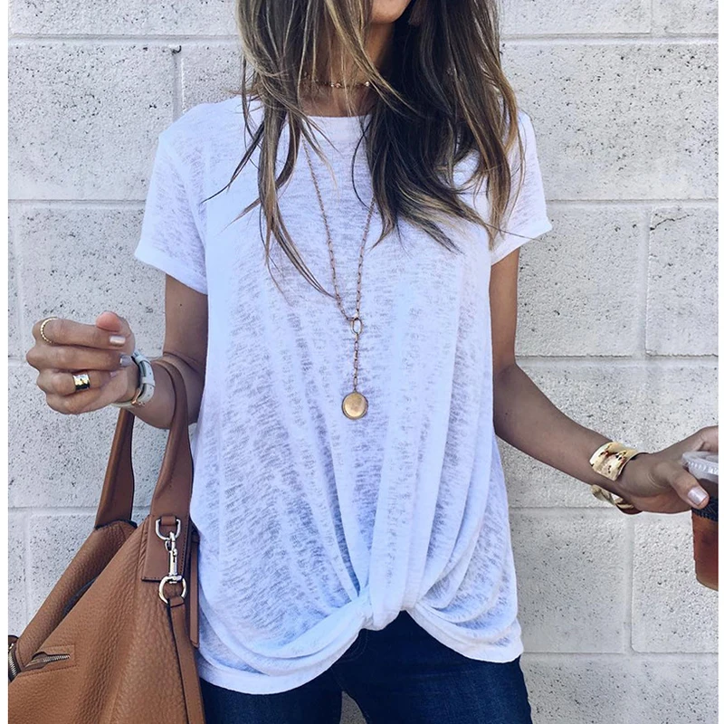 

2019 Summer New Women Shirts Tops Casual White T-Shirt Streetwear O-Neck Knot Tshirt Female Tees Short Sleeve Beach Blusas GV031