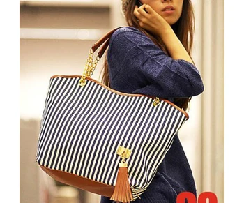 

AUAU Stripe Design Women Street Snap Candid Tote Single Shoulder Canvas Bag Handbag