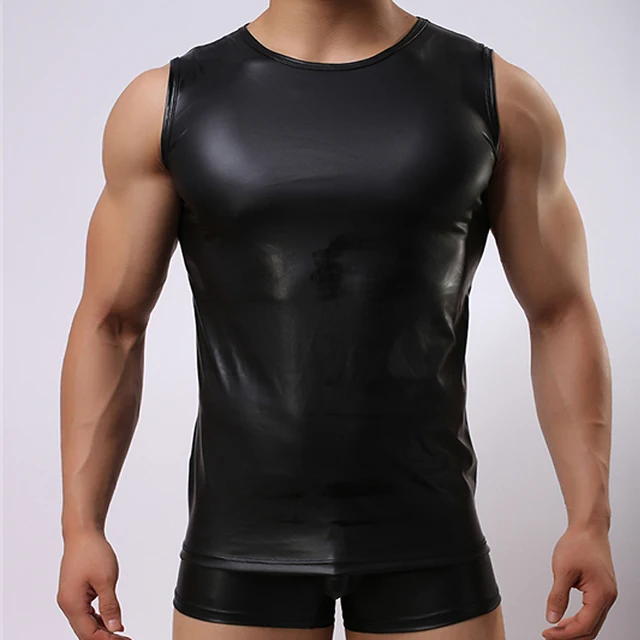 Bodybuilding Compression Tank Top Men's PU Imitation Leather Fitness ...