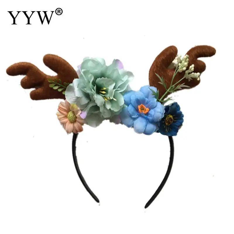 Rose Artificial Flower Cloth Headband Decor Cute Baby Hairband Christmas Headband For Kids Antler Horns Cosplay New Year Gift