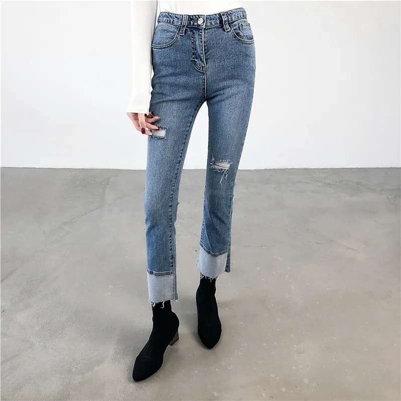 HXJJPHigh Bullet Comfort2019 Spring Trousers Cotton Ankle-Length Pants High Broken Hole Skinny Women