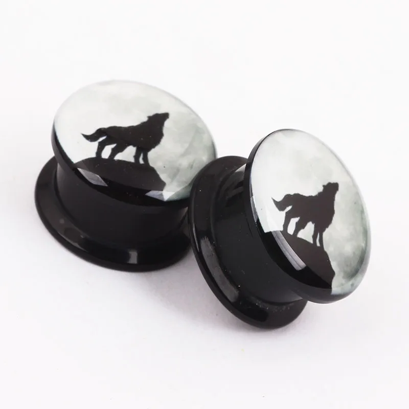 JunlowPY Acrylic custom ear plugs tunnels Night Wolf  piercing body jewelry ear expander gauges Earring kits Flesh tunnel
