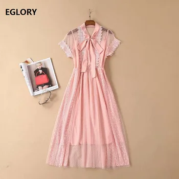 

High Quality Runway Dress 2019 Summer Style Women Bow Collar Sexy Tulle Mesh Lace Patchwork Short Sleeve Sweet Party Pink Dress