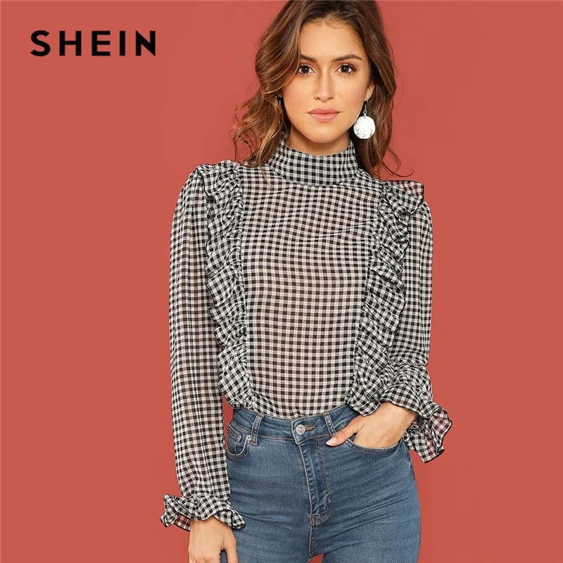 SHEIN Black And White Casual Ruffle Detail Mock Neck Plaid Long Sleeve ...