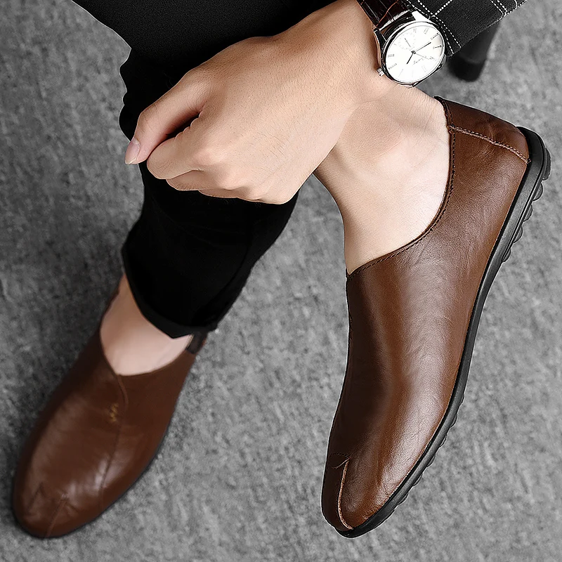 Кожаная обувь мужские роскошные брендовые итальянские повседневные мужские лоферы, Мокасины, дышащие слипоны, черная обувь для вождения размера плюс 38-47