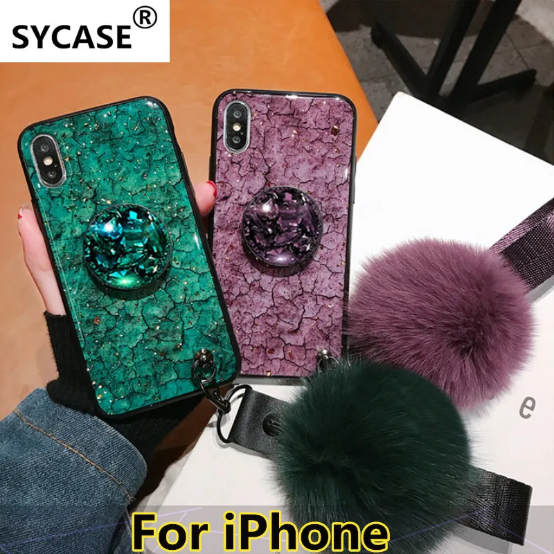 

SYCASE Epoxy Green Purple phone case For iPhone 6 6S 7 8 Plus X XR Xs Max CASE Rhinestone Stand Hair Ball Fashion Soft Cover