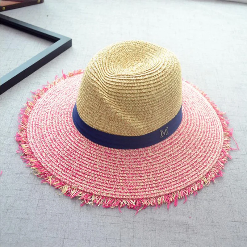 Panama Straw Hat Summer M Letter Hats For Women Sun Shade Tourism Boater Hat Wide Brim Burr Raffia Chapeau
