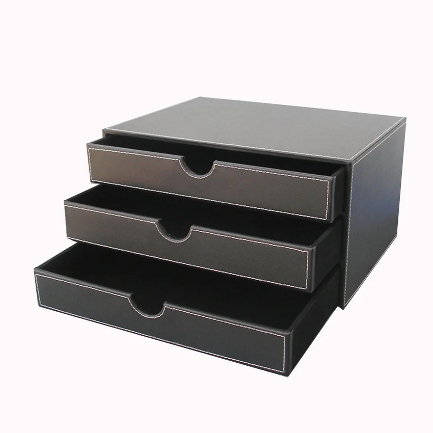 3-Drawer 3-Layer Leather Desk Filing Cabinet File/Document Holder Organizer Storage Box Black A114