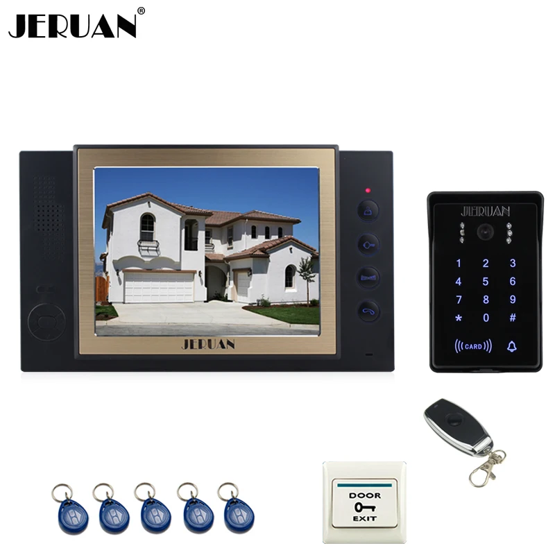 JERUAN 8 inch TFT video doorphone Record intercom system New RFID waterproof Touch Key password keypad Camera 8G SD Card