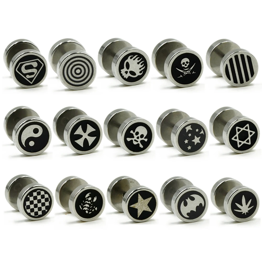 

PAIR Stainless Steel Logo Earring Fake Cheater Ear Plug Tunnel Faux Ear Expander Stretchers Piercing Ear Stud Body Jewelry