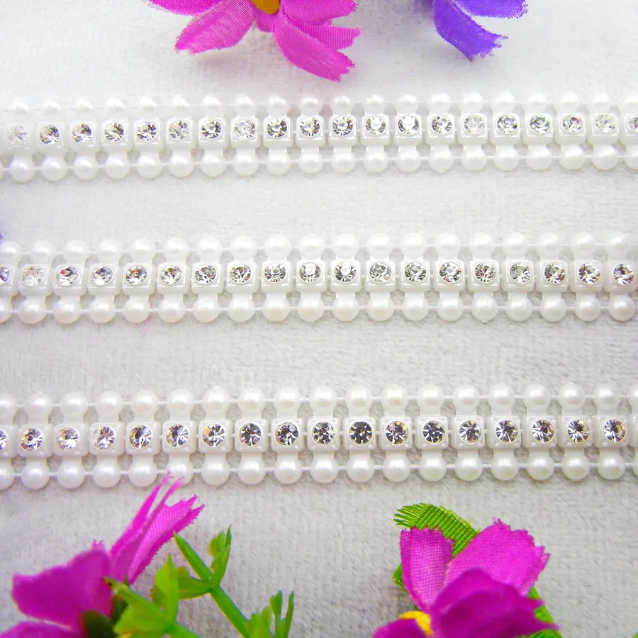 

Plastic base Pearl clear Crystal rhinestone chain string banding applique Sew On glue on garments shoes handicraft diy trim
