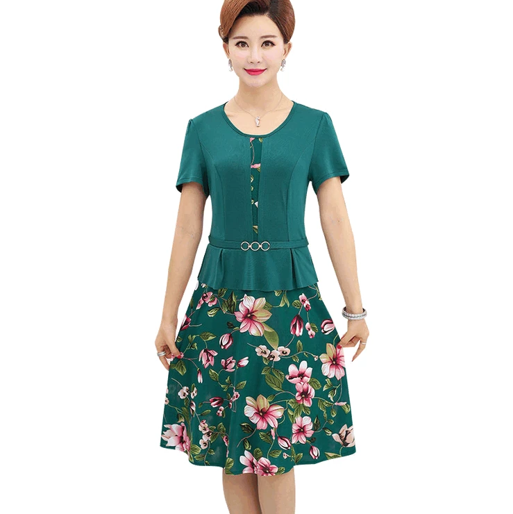 

2019 summer mother short sleeve dresses 1xl-5xl plus size middle age women o-neck printed slim dress