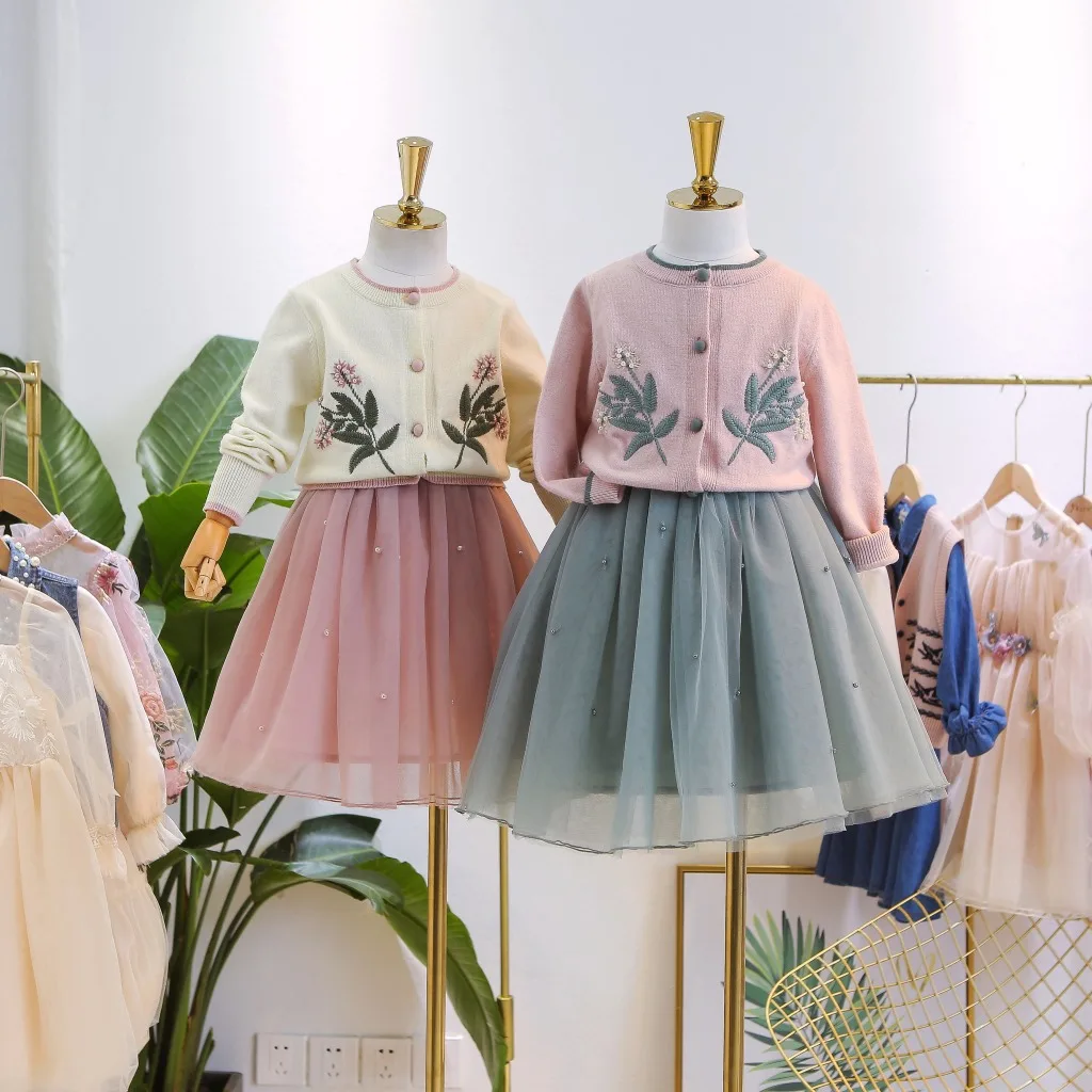 

Girls Flower Embroidery Cardigan and Tutu Skirt 2pcs Kids'clothing Full Sleeve Knitted Sweater Princess Outfit Girls for Toddler