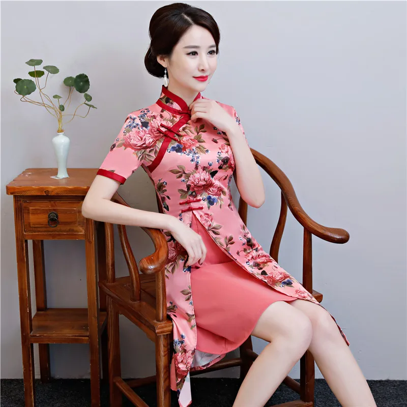 Shanghai Story Faux Silk Pink Qipao Folk Style Dress Knee Length ...