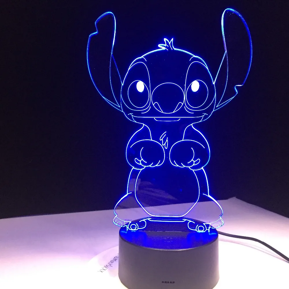  Stitch Cartoon 3D Lamp Bedroom Table Night Light Acrylic Panel USB Cable 7 Colors Change Touch Base