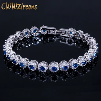 

CWWZircons New Arrival White Gold Color Flower Chain Link Royal Blue Crystal Women Bracelet with CZ Zirconia Stones CB066