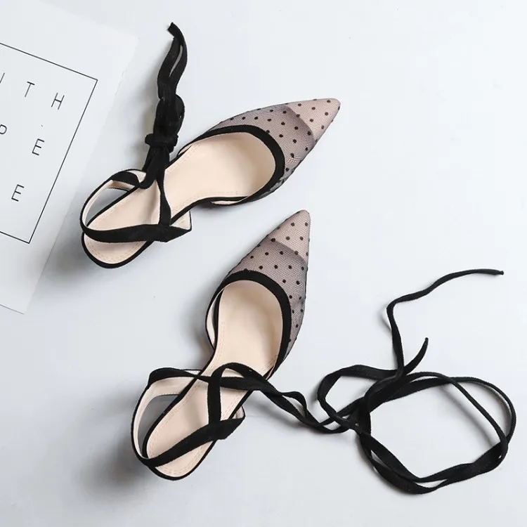 2018 Summer Elegant Lace Mesh Sandals Polka Dot Pointed Toe Gladiator Shoes Woman High Heels Big Size 34-43 Strap Footwear Woman (18)