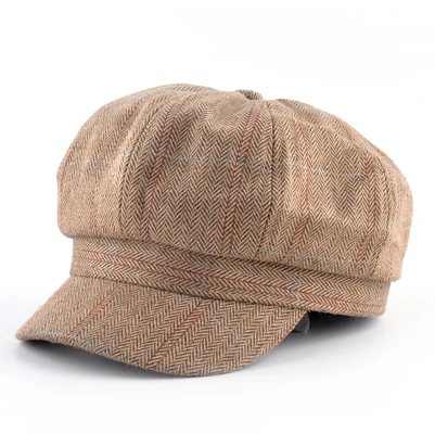 Новые модные кепка восьмиклинка женщин Классическая клетчатая твид головные уборы для мужчин винтажная художница остроконечная шляпы британский стильберет унисекс - Цвет: Brown