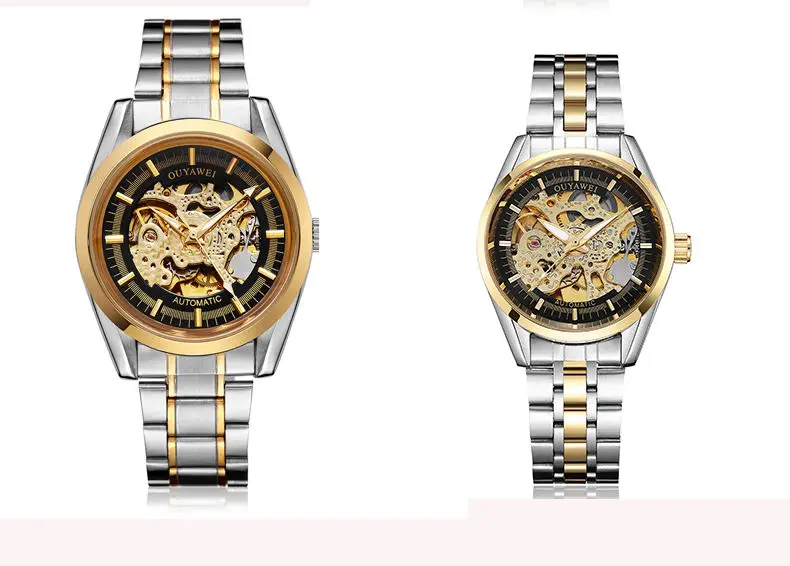 Часы для влюбленных, механические часы для мужчин и женщин, модные повседневные часы из нержавеющей стали, золотые, пара, автоматические часы со скелетом, бренд OUYAWEI