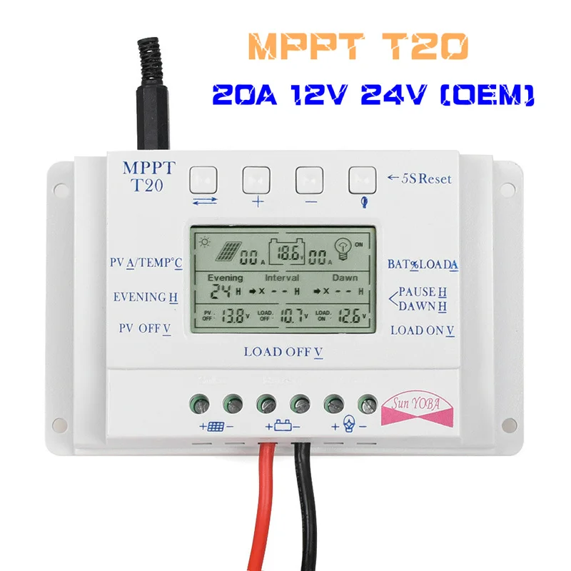 MPPT T20 20A солнечный регулятор заряда 12 В 24 в автоматический ЖК-дисплей контроллер с нагрузкой двойной таймер для уличного светильник