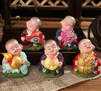 

Wholesale 5PCS Chinese Zen Sami Small Monk Home Decoration Fu Lu Shou Xi Cai Jewelry Gift Mini About 6 cm