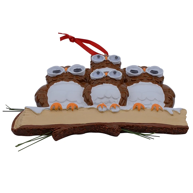 Maxora Brown Yellow Owl Family Of 4 Resin Glossy Personalized Christmas Tree Ornaments PR279-4