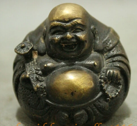 

$ $ Folk Chinese Bronze Buddha Lucky RuYi Happy Laugh Maitreya Statue Figurine