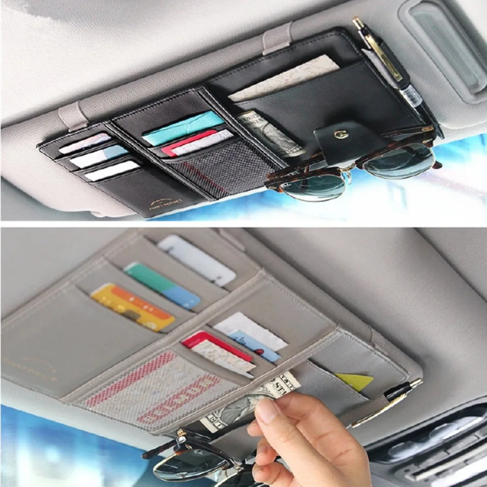 Beige Sun Visor Organizer,Auto Car Sun Visor Organizer Pouch Bag Card Storage Glasses Holder Clip 