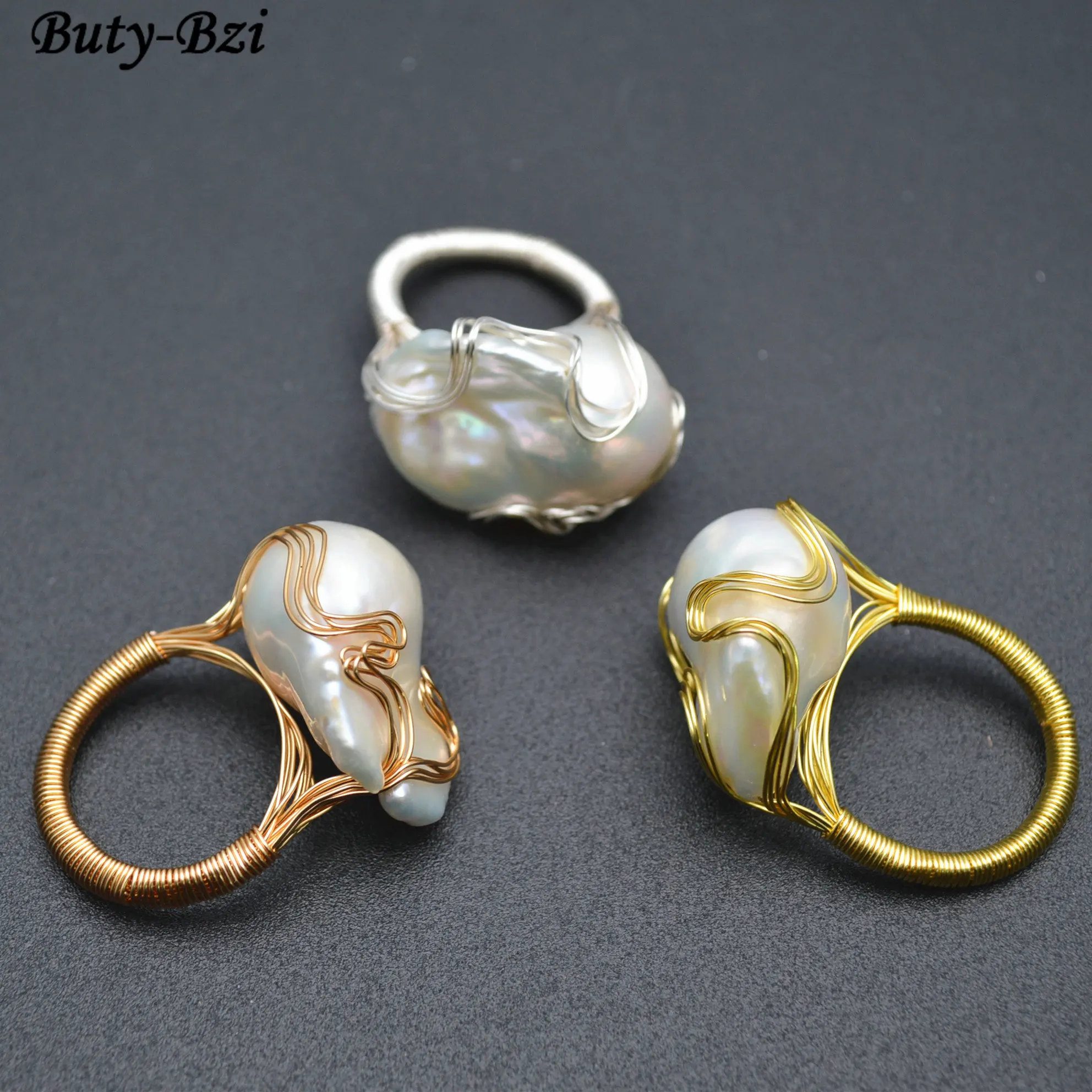 1pc High Quality Handmade Natural Fresh Water White Pearl Big Baroque Beads Wire Wrapped Rings Fashion Woman Party Jewelry