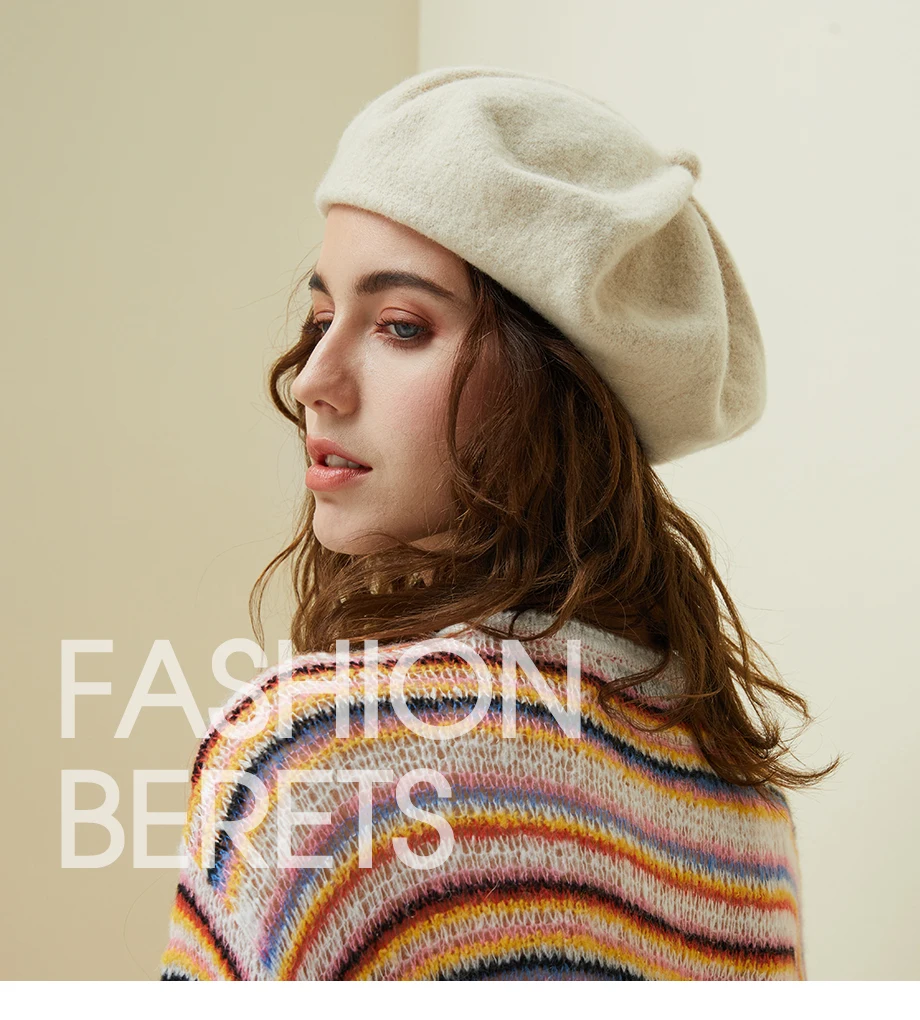 Women Knit Beret 100% Pure Wool Winter Warm Hat Female British Style Lady Painter Bonnet Hats Solid Color Beanie High Quality  (1)