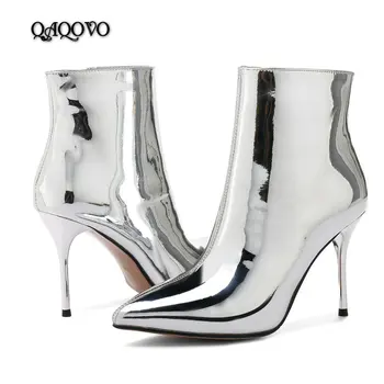 

Gold Silver Fashion Ankle Boots Microfiber Leather High Quality Women Super High Heels Boots Pointed Toe Zipper Party Shoes