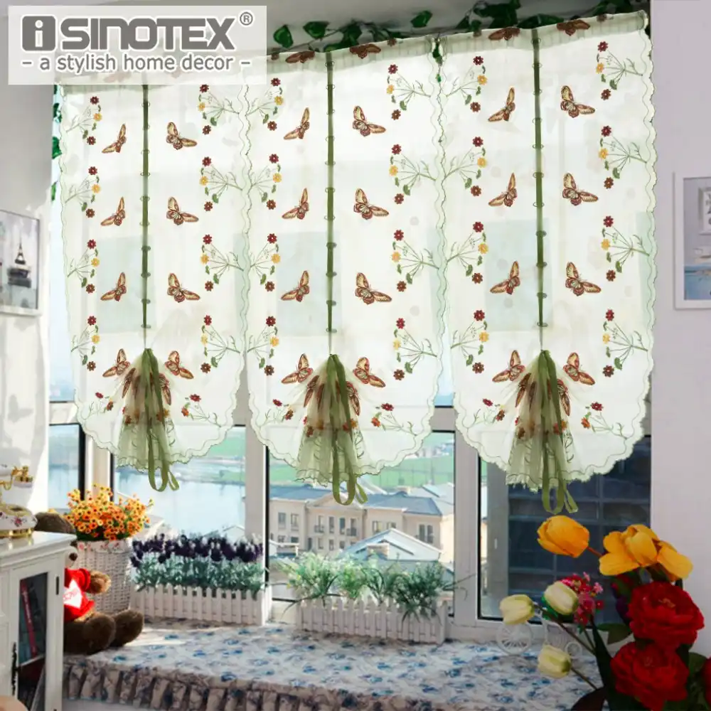 1 Pcs Pastoral Tulle Window Roman Curtain Embroidered Sheer For