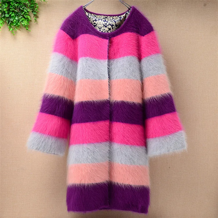 Утепленный теплый зимний Пушистый меховой норковый кашемировый полосатый цветной кардиган для женщин тонкий Ангорский меховой свитер пальто - Цвет: striped