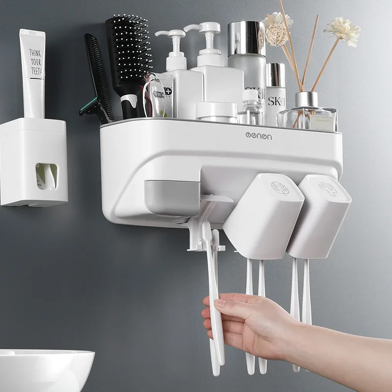 

Multi-function Wall Mount Storage Shelf Rack Toothbrush Holder Bathroom Accessories Set with Gargle Cup and Toothpaste Dispenser