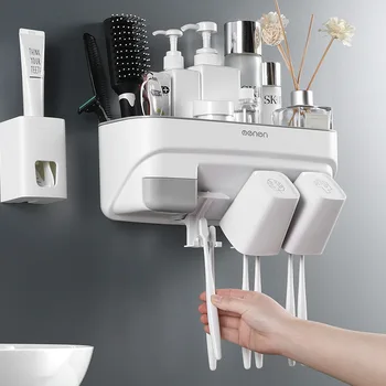 

Multi-function Wall Mount Storage Shelf Rack Toothbrush Holder Bathroom Accessories Set with Gargle Cup and Toothpaste Dispenser