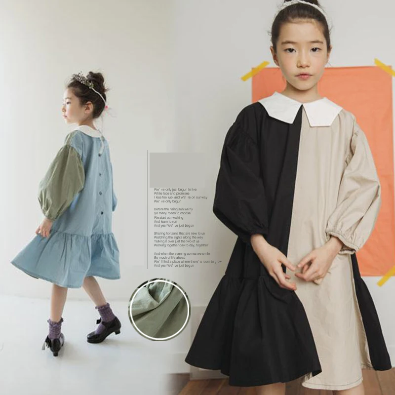 

Fashion Teenage Girl Clothing Color Patchwork Long Sleeve Cotton Dress Party Holiday Kids Dress age 6 8 10 12 14 15 years