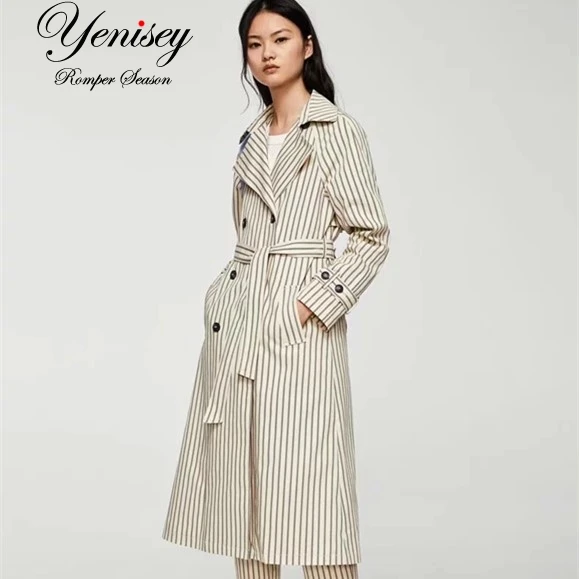 

A0717T21 Europe and the United States 2018 fall paragraph dust coat grows new stripe belt # 8494