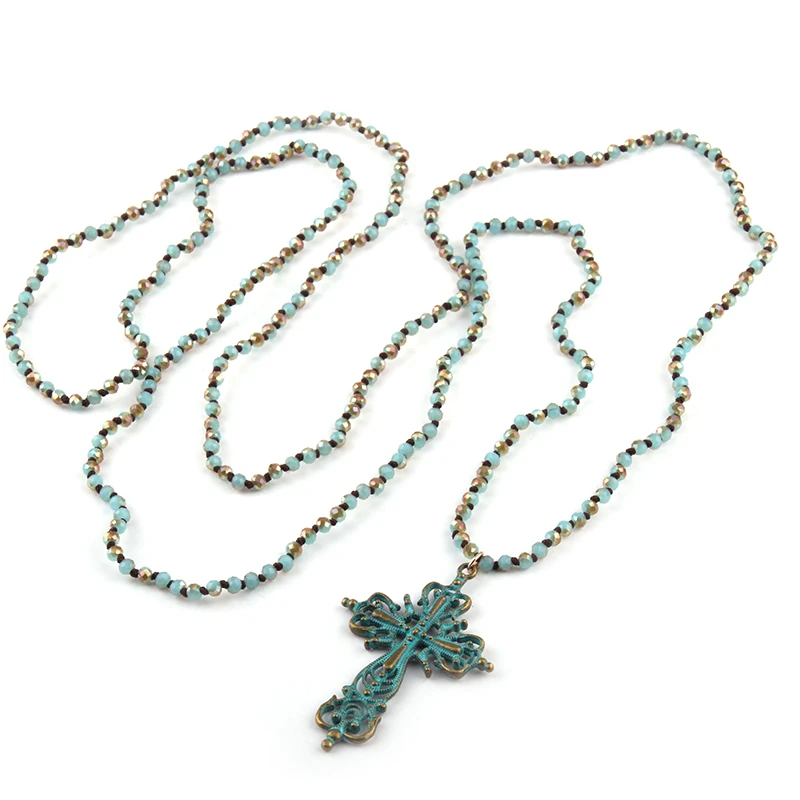 Модные богемные ювелирные украшения в этническом стиле 4 мм Мини Синий Зеленый Стекло завязывают крест кулон Цепочки и ожерелья для Для женщин ожерелья-Лассо