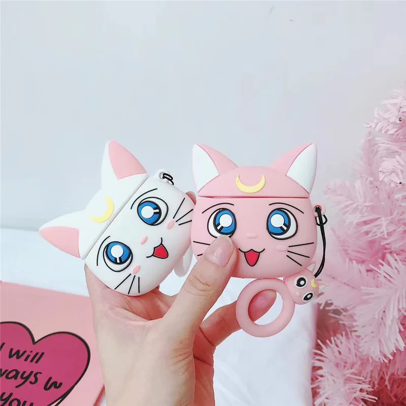 Cartoon Case for AirPods Cute Earphone Cases for Apple Airpods2 Accessories Protect Cover with Finger Ring Strap Unique Luna Cat