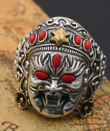 Настоящее 925 пробы, серебряное кольцо в стиле панк-рок, мужское кольцо в виде дракона, черепа, животного, Бог богатства, регулируемое,, ювелирное изделие, подарок - Цвет основного камня: A1458