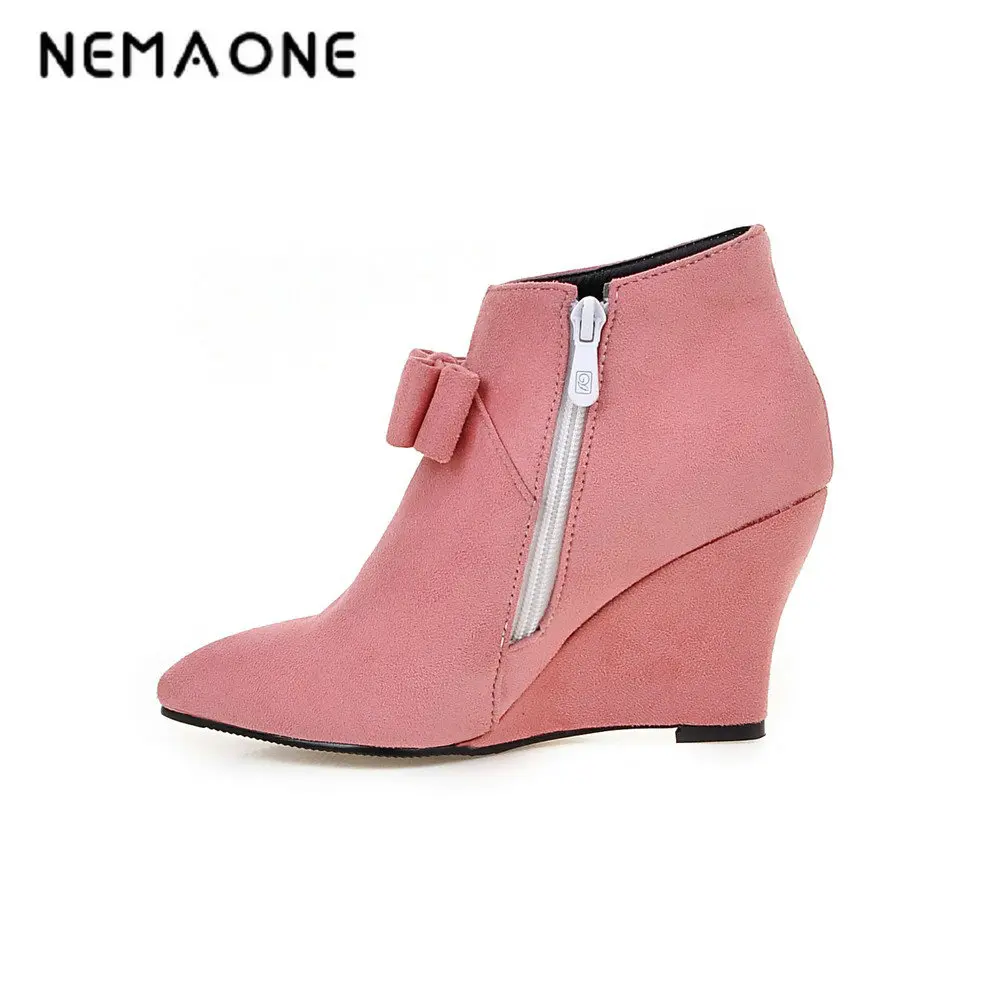 

NEMAONE Martin Boots New Arrive Fashion Wedges High Heels flock Ankle Boots Pointed Toe Black pink green Women Boots Shoes