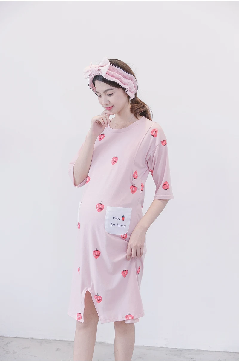 Летнее платье для кормящих грудью с круглым вырезом; комфортные вязаное Хлопковое платье для кормления розовый для грудного вскармливания платья для беременных