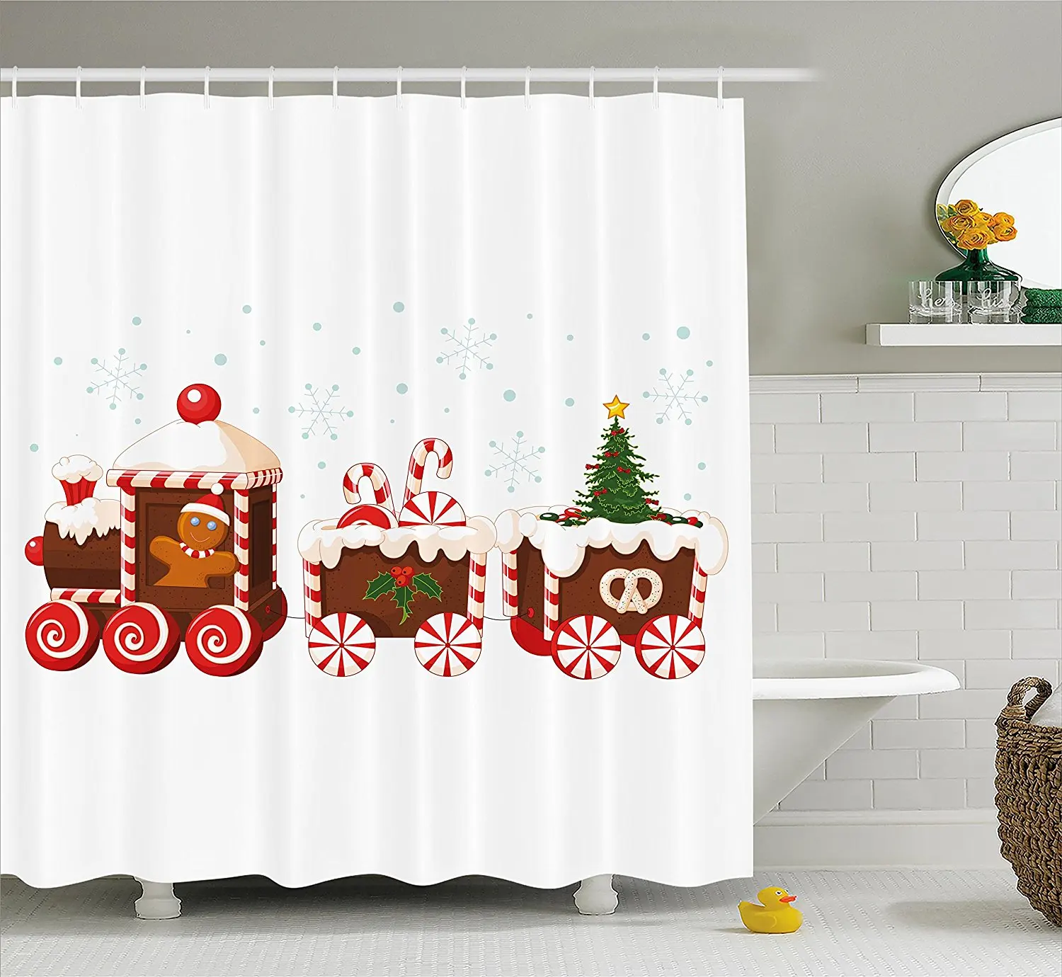 Christmas Shower Curtain Train with Gingerbread Cream Candy Cartoon