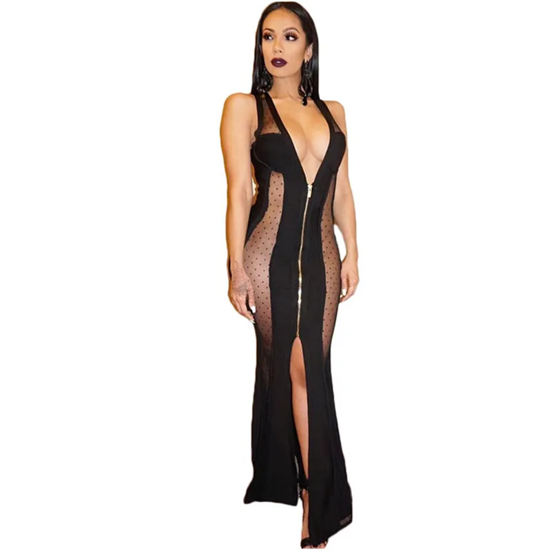 

2018 Summer Side Slit Sexy Lace Dresses Sleeveless Maxi Gown Side Cut Lace Black Gothic Dress Long Evening Gowns Dresses Robe