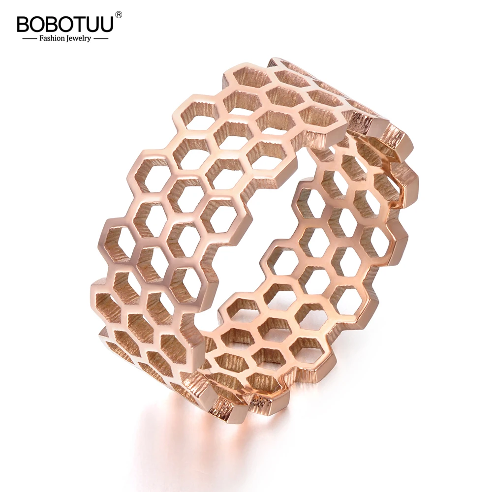 

BOBOTUU Original Design Titanium Steel Hollow Hexagonal Geometric Ring Rose Gold Color Trendy Rings Jewelry For Women BR17143