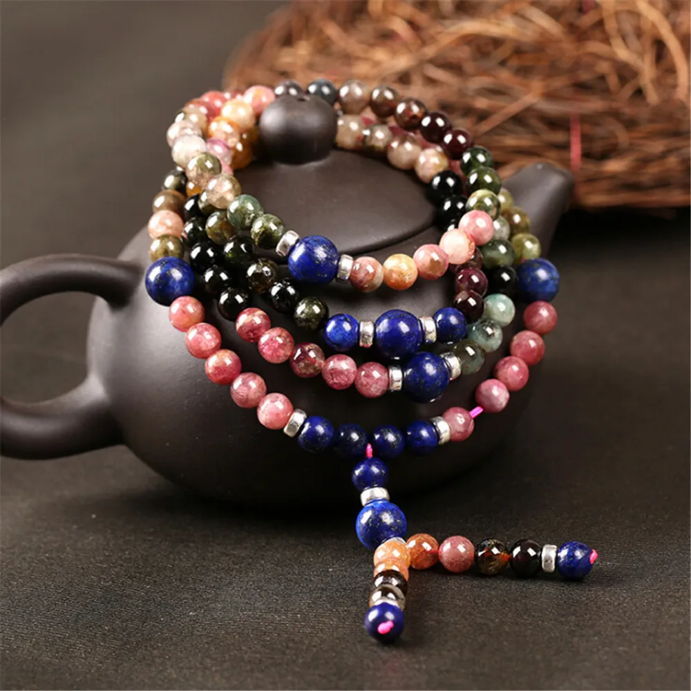 

New Design 5A Natural Tourmaline with Lapis Lazui Bracelet Fashion Women Multi Circles 108 Beaded Bracelets Best Jewelry Gift