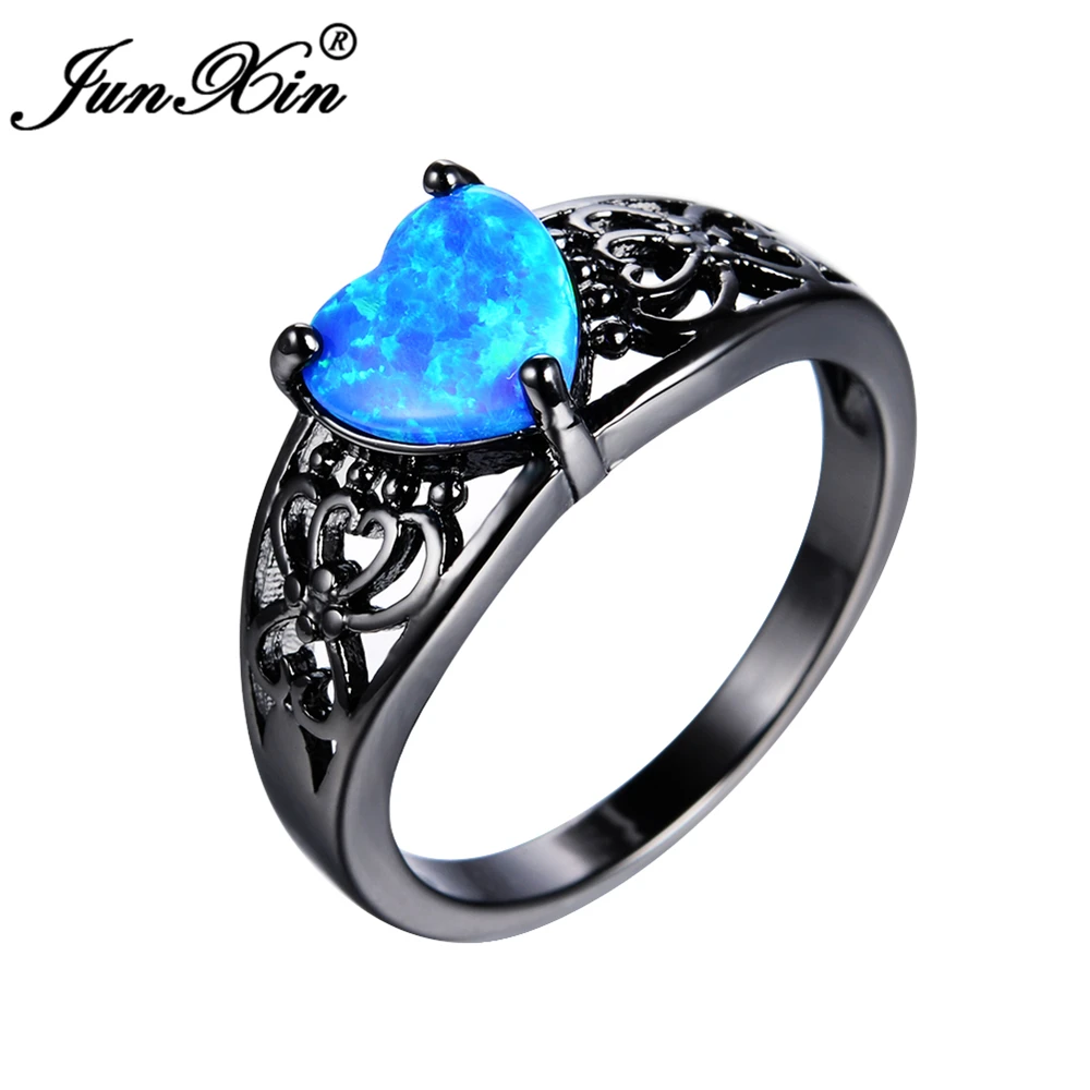 JUNXIN Fashion Blue Heart Fire Opal Ring Vintage Black Gold Filled Jewelry Wedding Rings For Women
